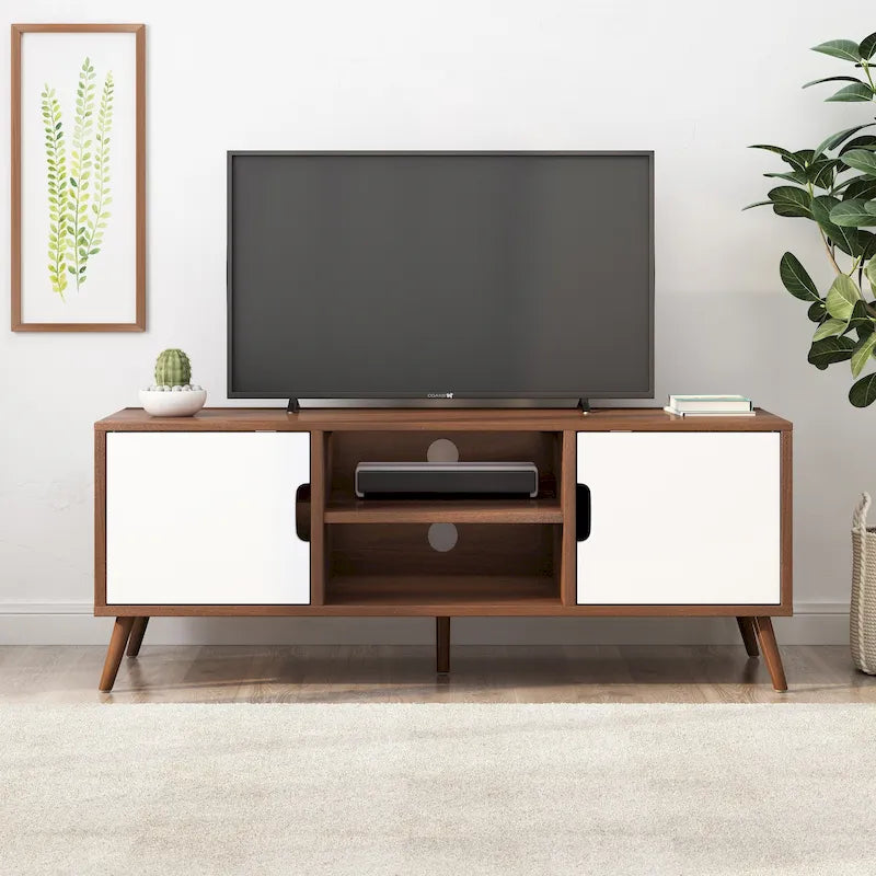 Mueble para TV de mediados de siglo blanco y nogal con 3 cajones, para televisores de hasta 49"