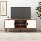 Mueble para TV de mediados de siglo blanco y nogal con 3 cajones, para televisores de hasta 49"