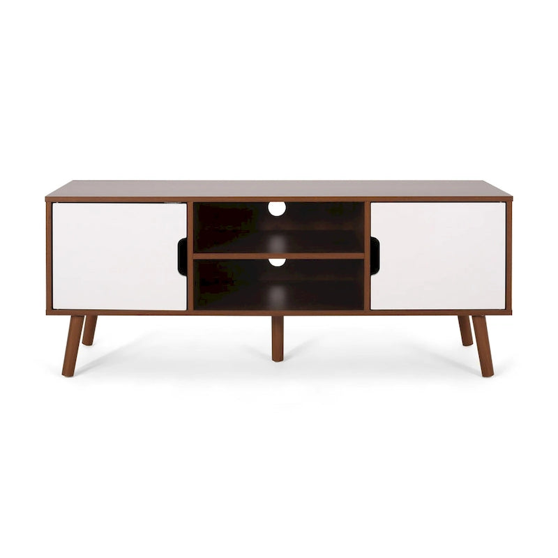 Mueble para TV de mediados de siglo blanco y nogal con 3 cajones, para televisores de hasta 49"