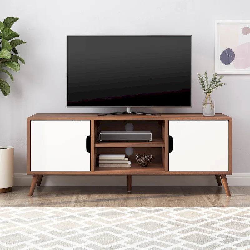 Mueble para TV de mediados de siglo blanco y nogal con 3 cajones, para televisores de hasta 49"