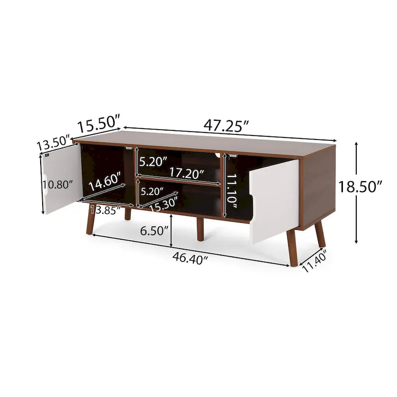Mueble para TV de mediados de siglo blanco y nogal con 3 cajones, para televisores de hasta 49"