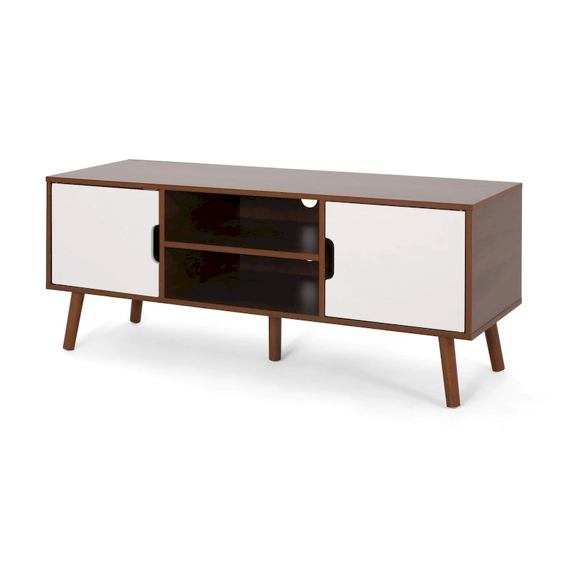 Mueble para TV de mediados de siglo blanco y nogal con 3 cajones, para televisores de hasta 49"