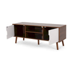 Mueble para TV de mediados de siglo blanco y nogal con 3 cajones, para televisores de hasta 49"