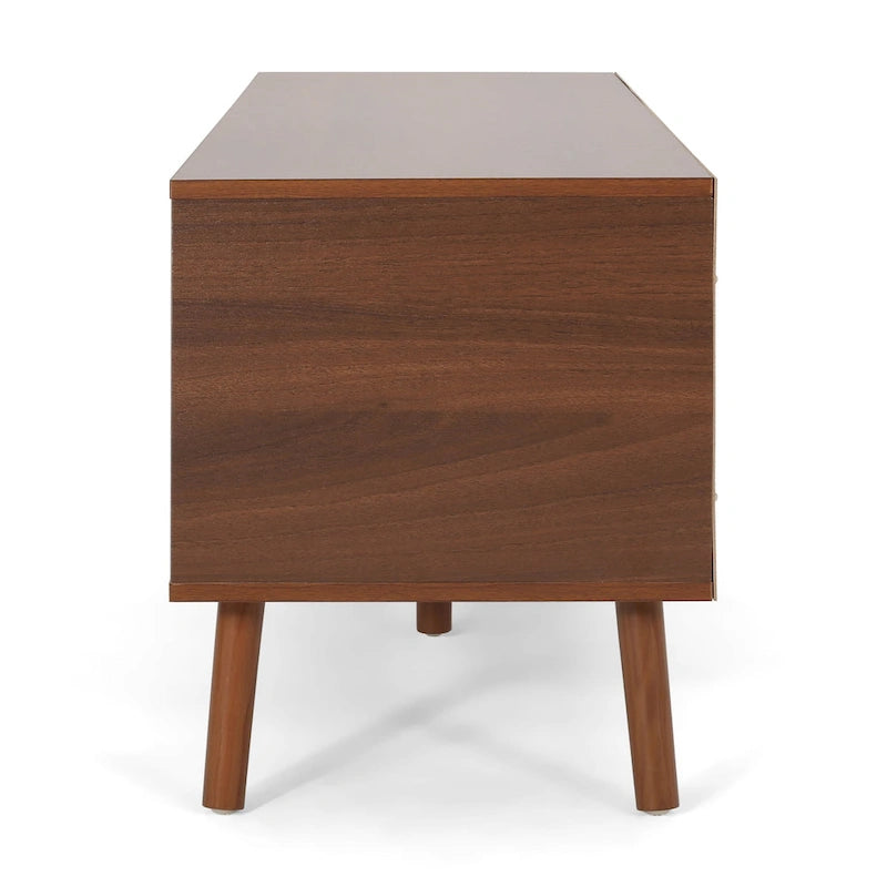 Mueble para TV de mediados de siglo blanco y nogal con 3 cajones, para televisores de hasta 49"