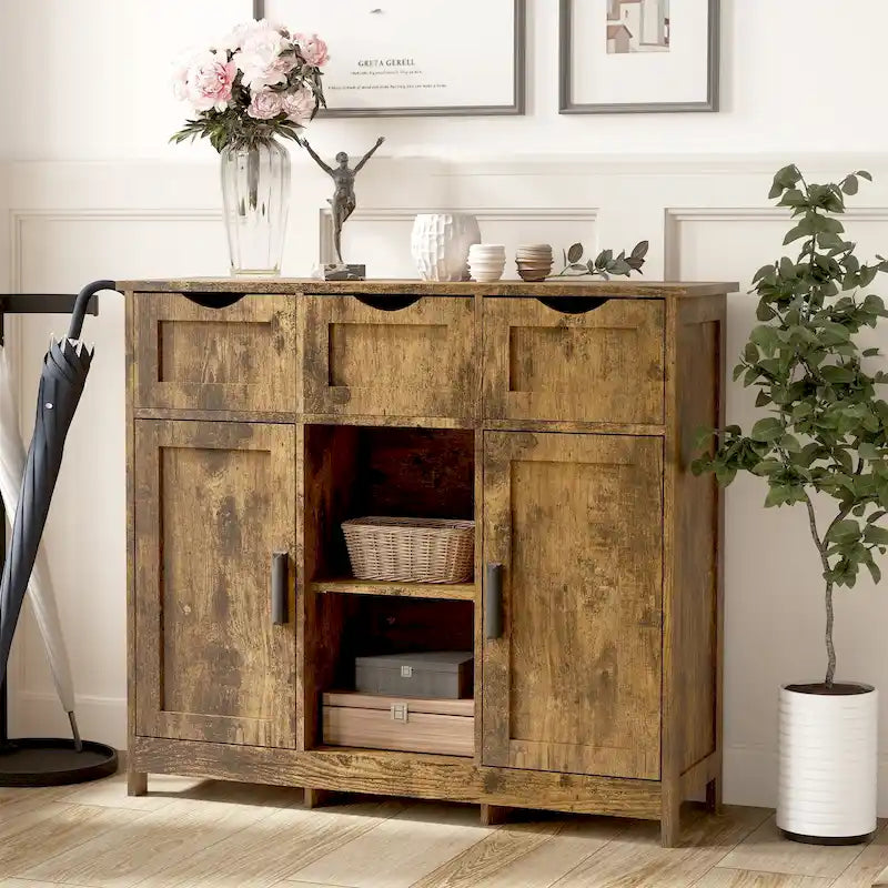 Mueble Armario Vintage Gris de Suelo con 3 Cajones, 2 Puertas y Estantes Ajustables
