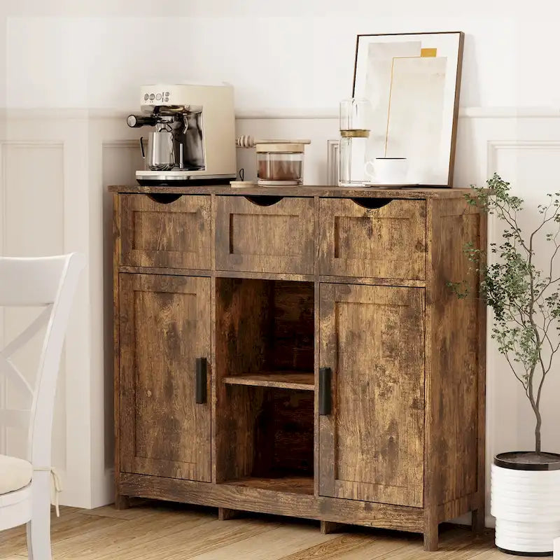 Mueble Armario Vintage Gris de Suelo con 3 Cajones, 2 Puertas y Estantes Ajustables