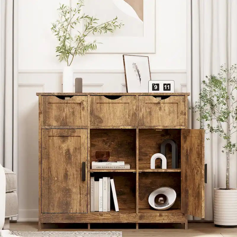 Mueble Armario Vintage Gris de Suelo con 3 Cajones, 2 Puertas y Estantes Ajustables