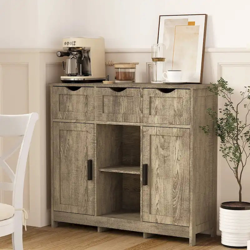 Mueble Armario Vintage Gris de Suelo con 3 Cajones, 2 Puertas y Estantes Ajustables
