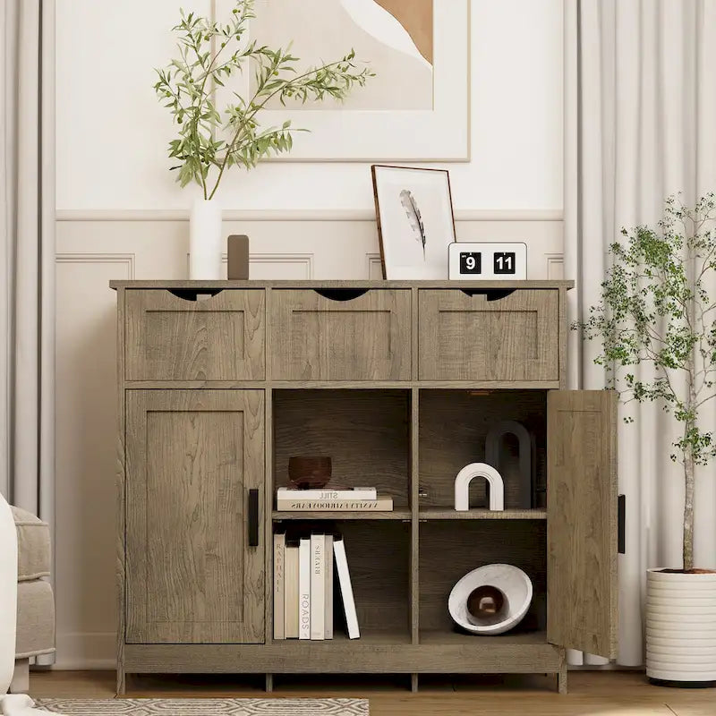 Mueble Armario Vintage Gris de Suelo con 3 Cajones, 2 Puertas y Estantes Ajustables