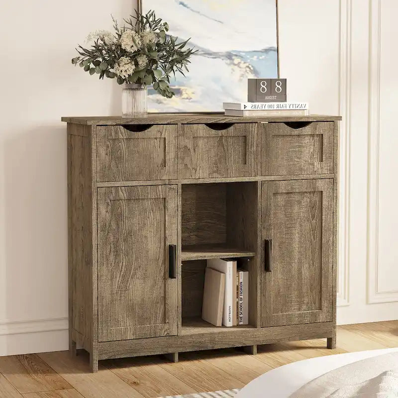 Mueble Armario Vintage Gris de Suelo con 3 Cajones, 2 Puertas y Estantes Ajustables