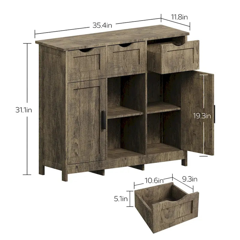 Mueble Armario Vintage Gris de Suelo con 3 Cajones, 2 Puertas y Estantes Ajustables