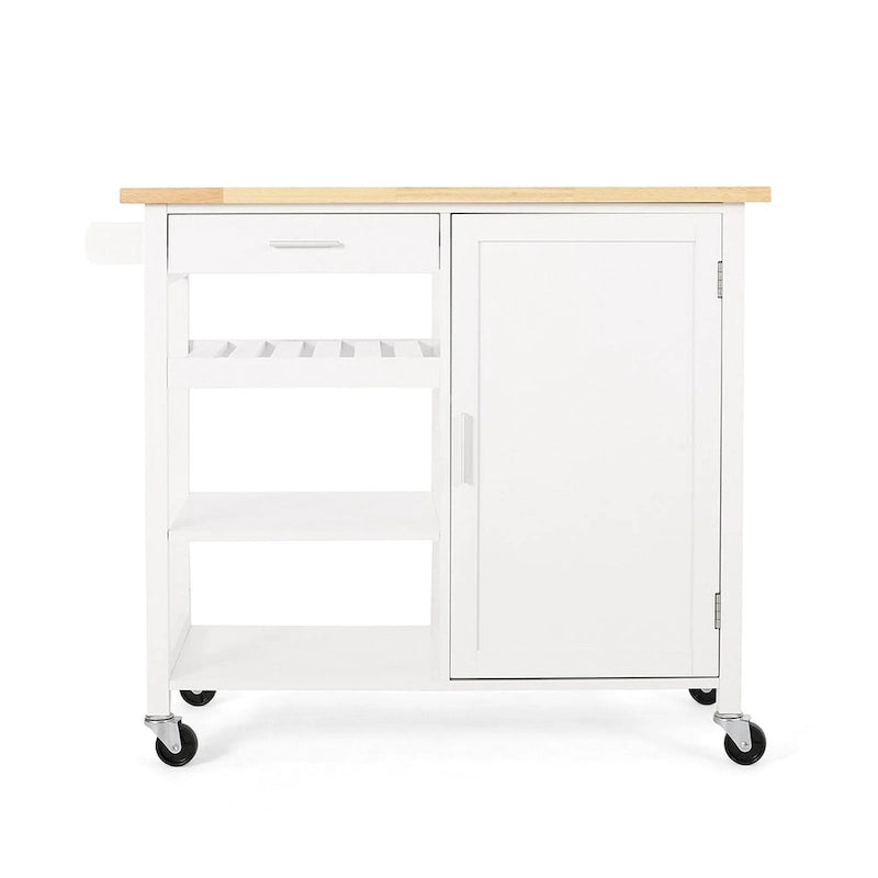 Carrito de cocina blanco moderno con ruedas, con cajón, 3 estantes y puerta de armario