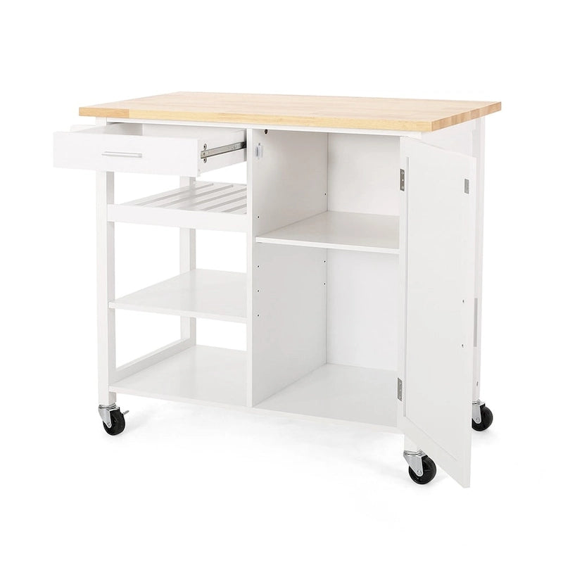 Carrito de cocina blanco moderno con ruedas, con cajón, 3 estantes y puerta de armario