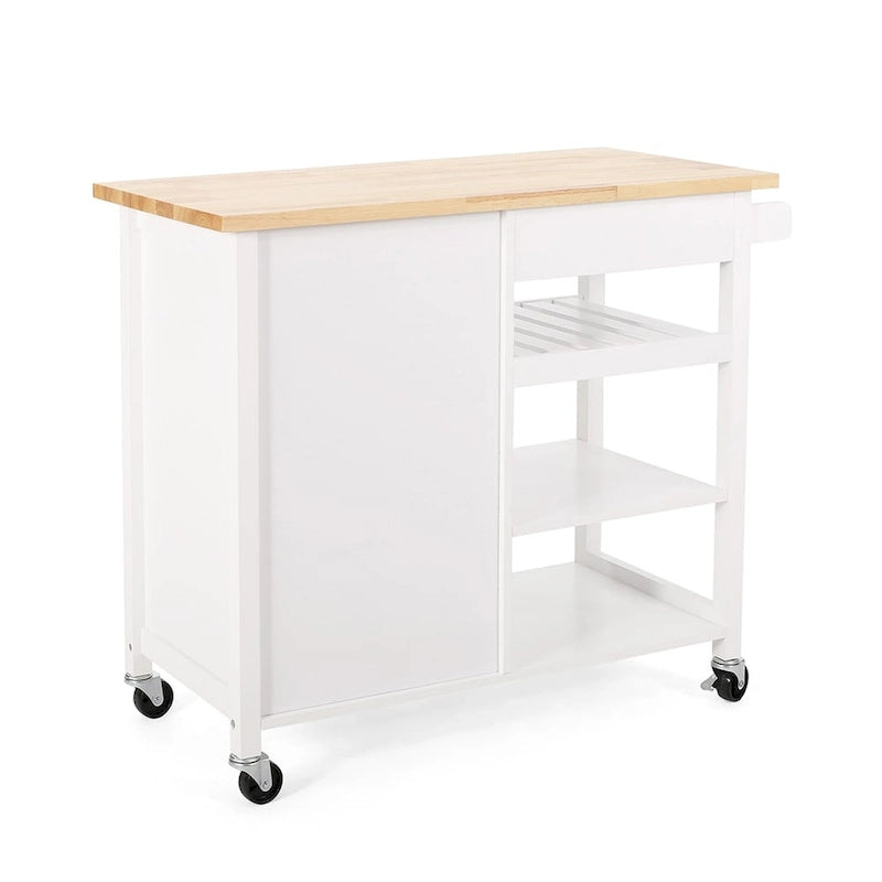 Carrito de cocina blanco moderno con ruedas, con cajón, 3 estantes y puerta de armario