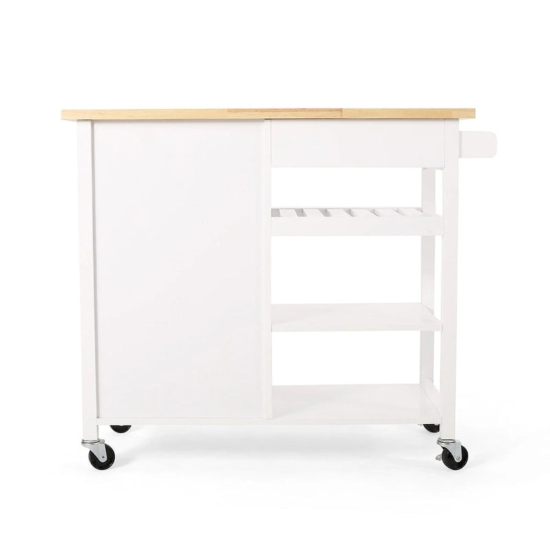 Carrito de cocina blanco moderno con ruedas, con cajón, 3 estantes y puerta de armario