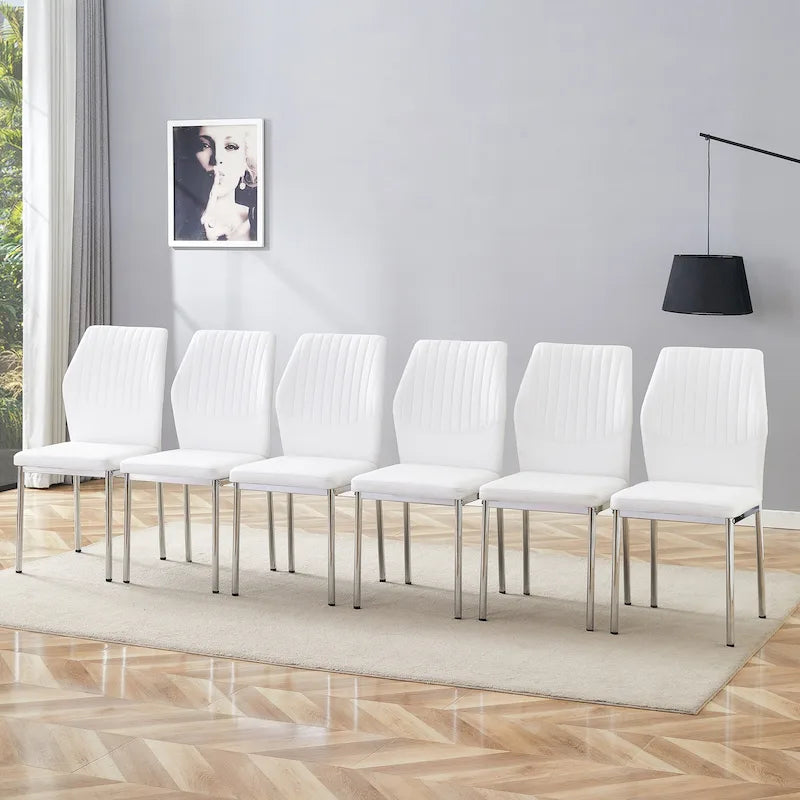 Blanco/Negro, sin reposabrazos, juego de 6 – Silla de comedor de cuero sintético con patas de metal plateado