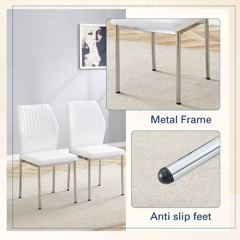 Blanco/Negro, sin reposabrazos, juego de 6 – Silla de comedor de cuero sintético con patas de metal plateado