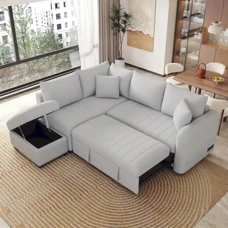 Sofá seccional cama en forma de L gris con otomana de almacenamiento, para 3-4 personas