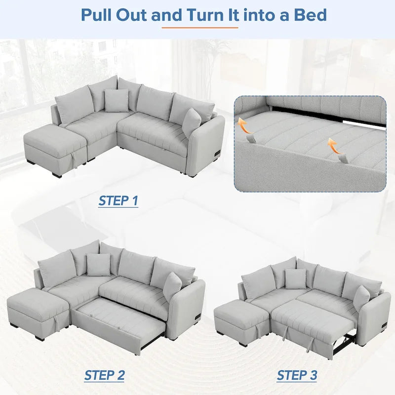 Sofá seccional cama en forma de L gris con otomana de almacenamiento, para 3-4 personas