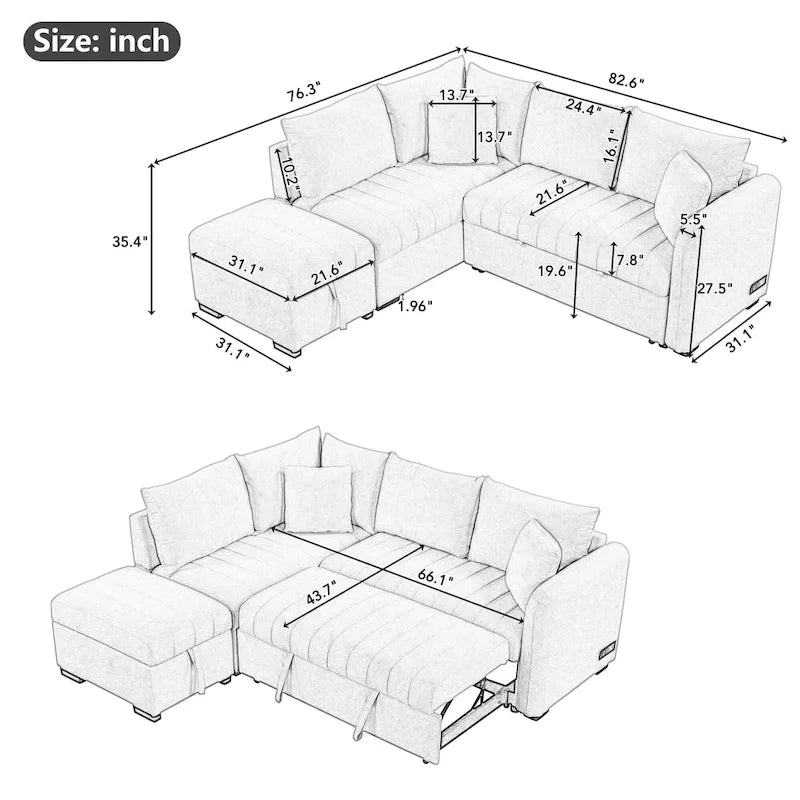 Sofá seccional cama en forma de L gris con otomana de almacenamiento, para 3-4 personas