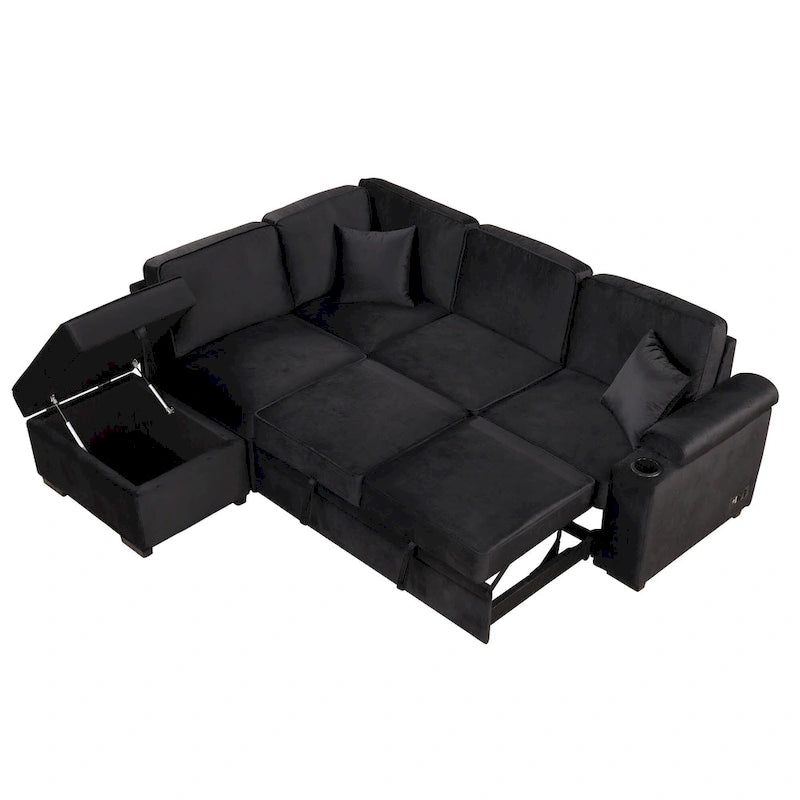 Sofá seccional cama en forma de L gris con otomana de almacenamiento, para 3-4 personas