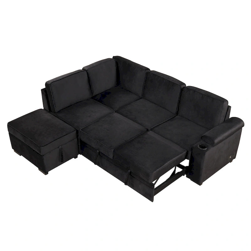 Sofá seccional cama en forma de L gris con otomana de almacenamiento, para 3-4 personas