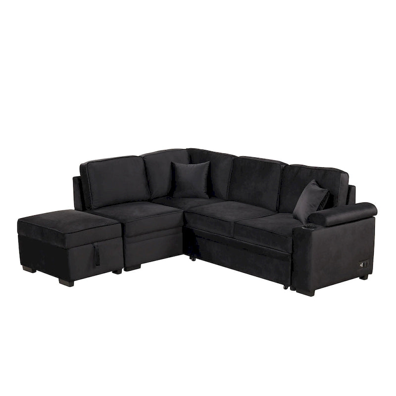 Sofá seccional cama en forma de L gris con otomana de almacenamiento, para 3-4 personas