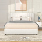 Base de cama tapizada con canales de bouclé color marfil, tamaño queen, capacidad para 2 personas