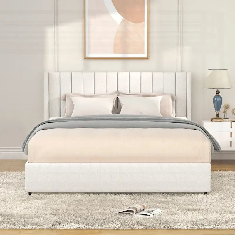 Base de cama tapizada con canales de bouclé color marfil, tamaño queen, capacidad para 2 personas