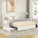 Base de cama tapizada con canales de bouclé color marfil, tamaño queen, capacidad para 2 personas