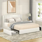 Base de cama tapizada con canales de bouclé color marfil, tamaño queen, capacidad para 2 personas