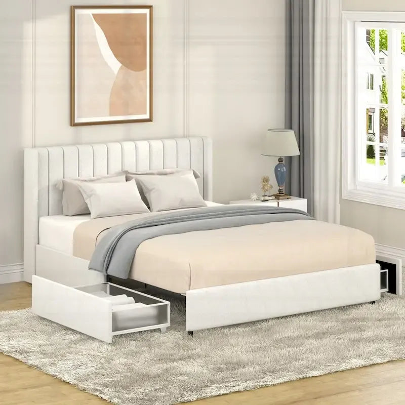 Base de cama tapizada con canales de bouclé color marfil, tamaño queen, capacidad para 2 personas