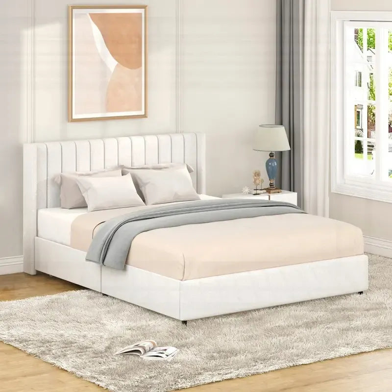 Base de cama tapizada con canales de bouclé color marfil, tamaño queen, capacidad para 2 personas