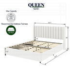Base de cama tapizada con canales de bouclé color marfil, tamaño queen, capacidad para 2 personas