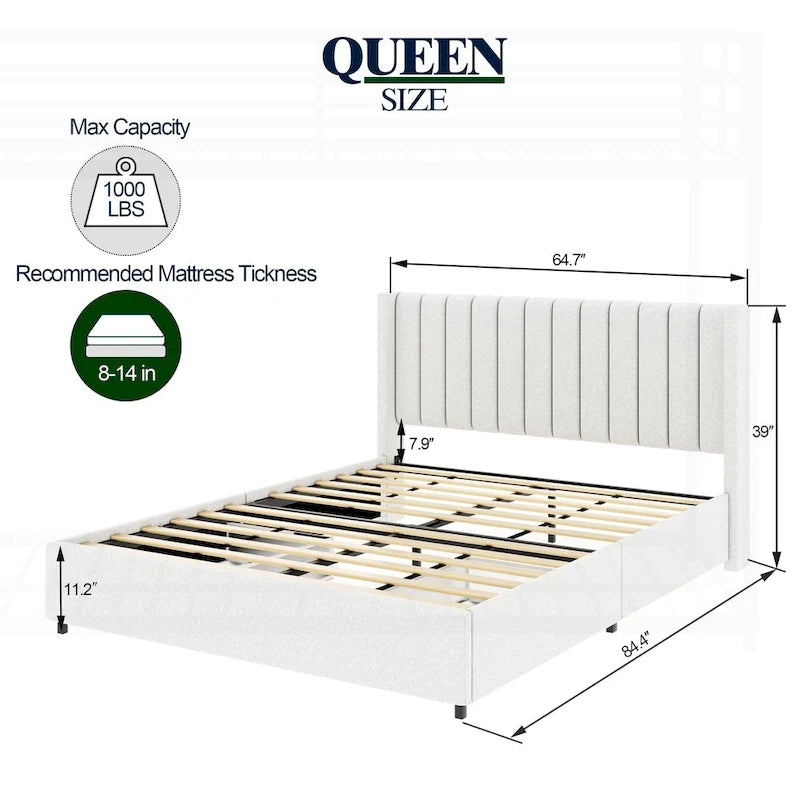 Base de cama tapizada con canales de bouclé color marfil, tamaño queen, capacidad para 2 personas