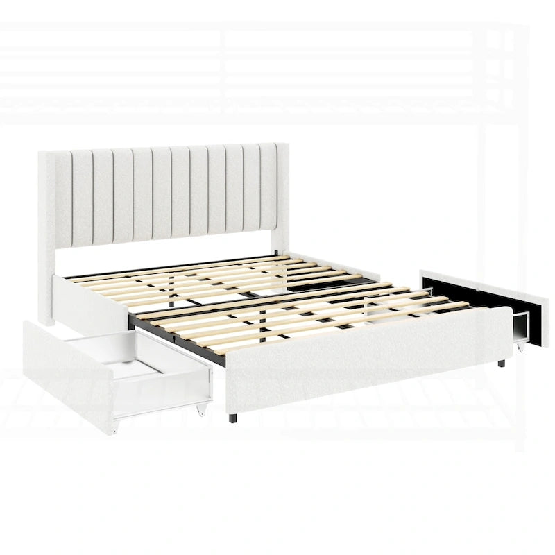 Base de cama tapizada con canales de bouclé color marfil, tamaño queen, capacidad para 2 personas