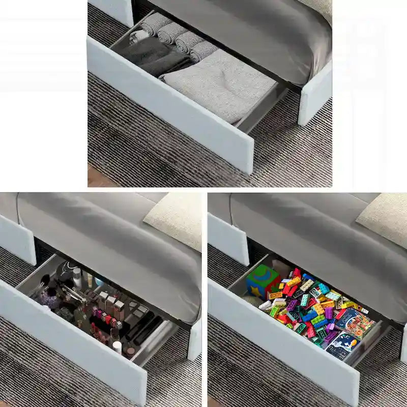 Base de cama tapizada con canales de bouclé color marfil, tamaño queen, capacidad para 2 personas
