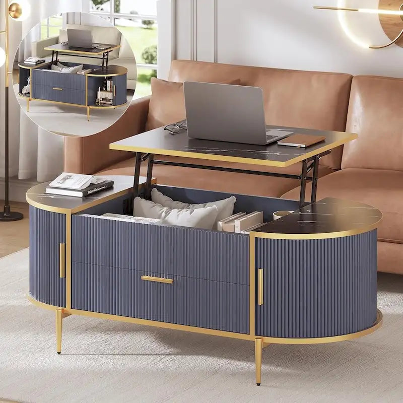 Mesa de centro elevable acanalada con puerta corredera tipo granero, roble / azul / blanco, para 1