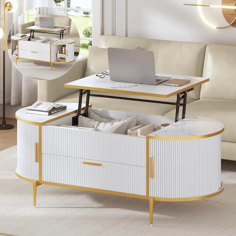 Mesa de centro elevable acanalada con puerta corredera tipo granero, roble / azul / blanco, para 1