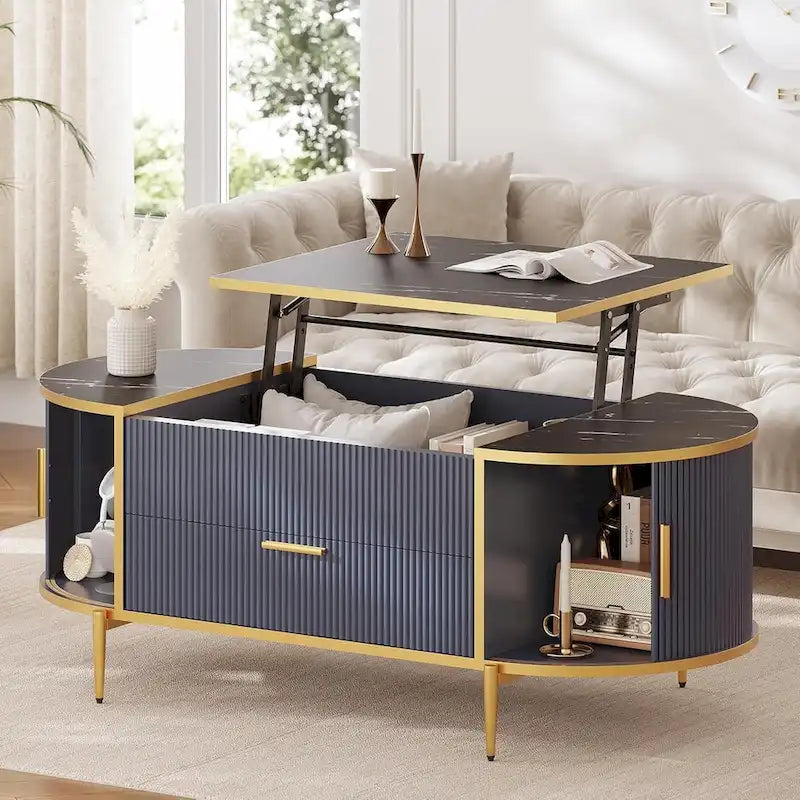 Mesa de centro elevable acanalada con puerta corredera tipo granero, roble / azul / blanco, para 1