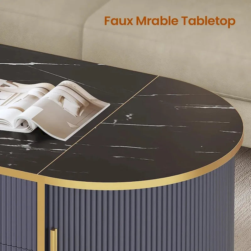 Mesa de centro elevable acanalada con puerta corredera tipo granero, roble / azul / blanco, para 1