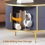 Mesa de centro elevable acanalada con puerta corredera tipo granero, roble / azul / blanco, para 1