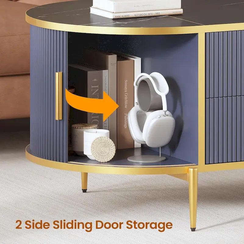 Mesa de centro elevable acanalada con puerta corredera tipo granero, roble / azul / blanco, para 1