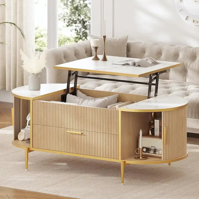 Mesa de centro elevable acanalada con puerta corredera tipo granero, roble / azul / blanco, para 1