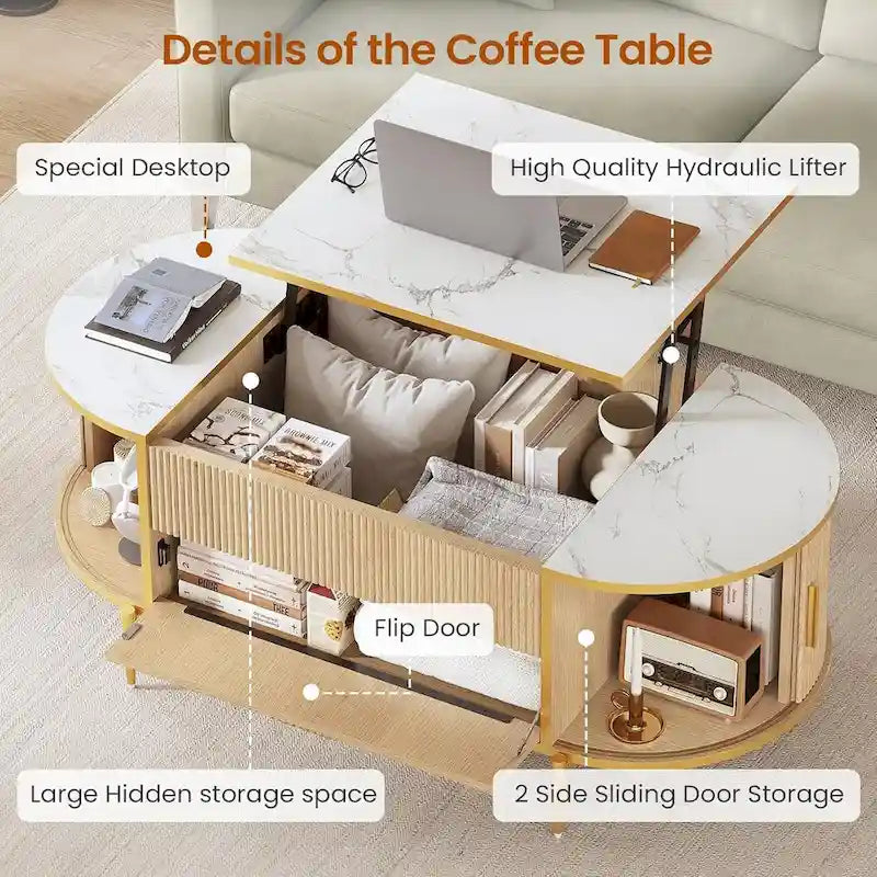Mesa de centro elevable acanalada con puerta corredera tipo granero, roble / azul / blanco, para 1