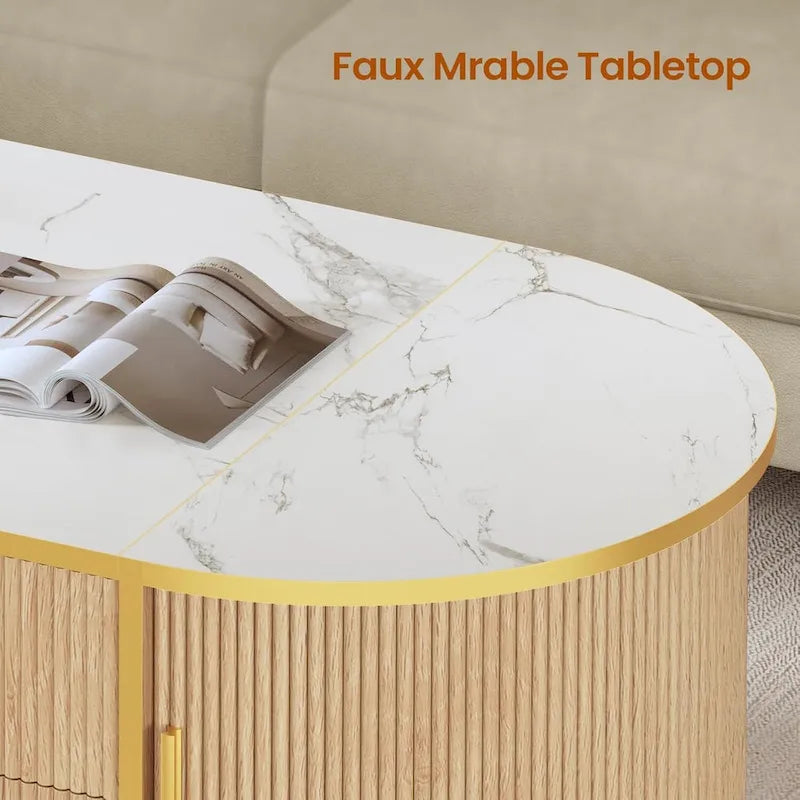 Mesa de centro elevable acanalada con puerta corredera tipo granero, roble / azul / blanco, para 1