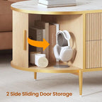 Mesa de centro elevable acanalada con puerta corredera tipo granero, roble / azul / blanco, para 1