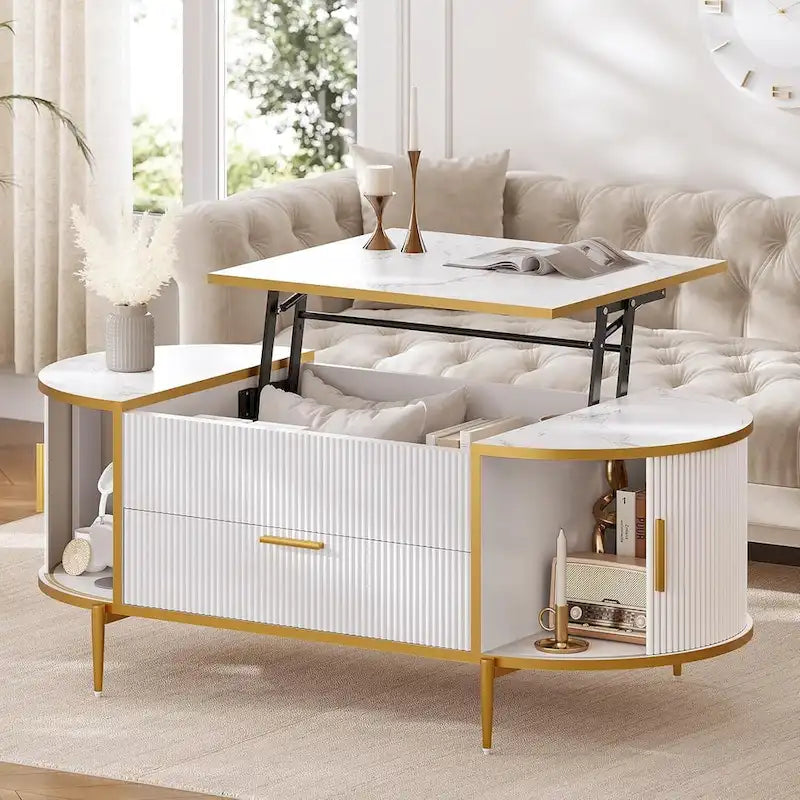 Mesa de centro elevable acanalada con puerta corredera tipo granero, roble / azul / blanco, para 1