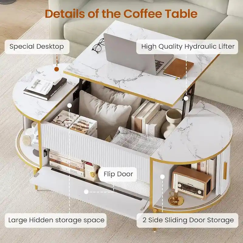 Mesa de centro elevable acanalada con puerta corredera tipo granero, roble / azul / blanco, para 1
