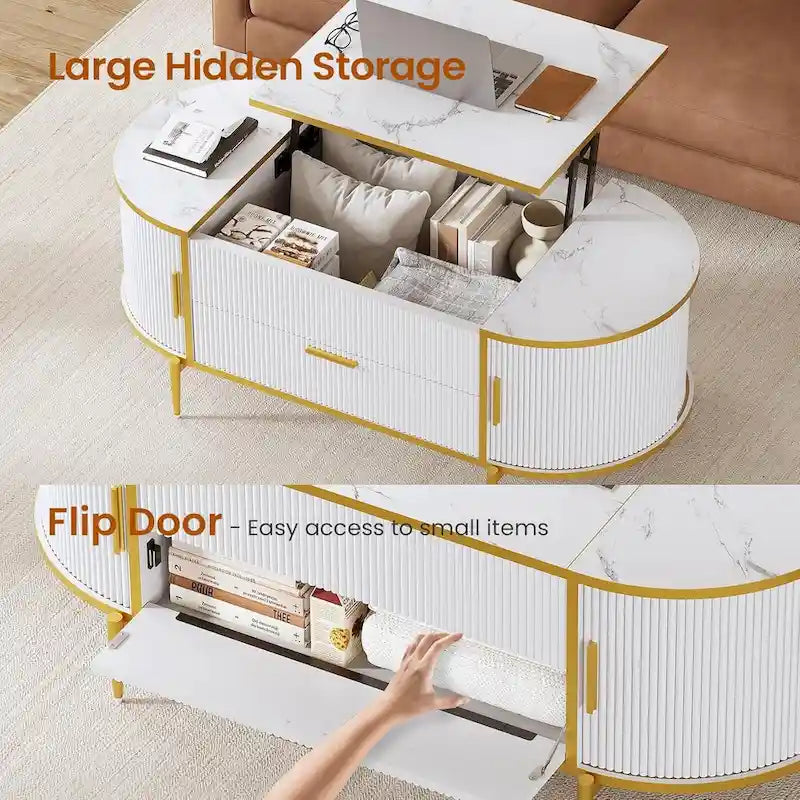Mesa de centro elevable acanalada con puerta corredera tipo granero, roble / azul / blanco, para 1